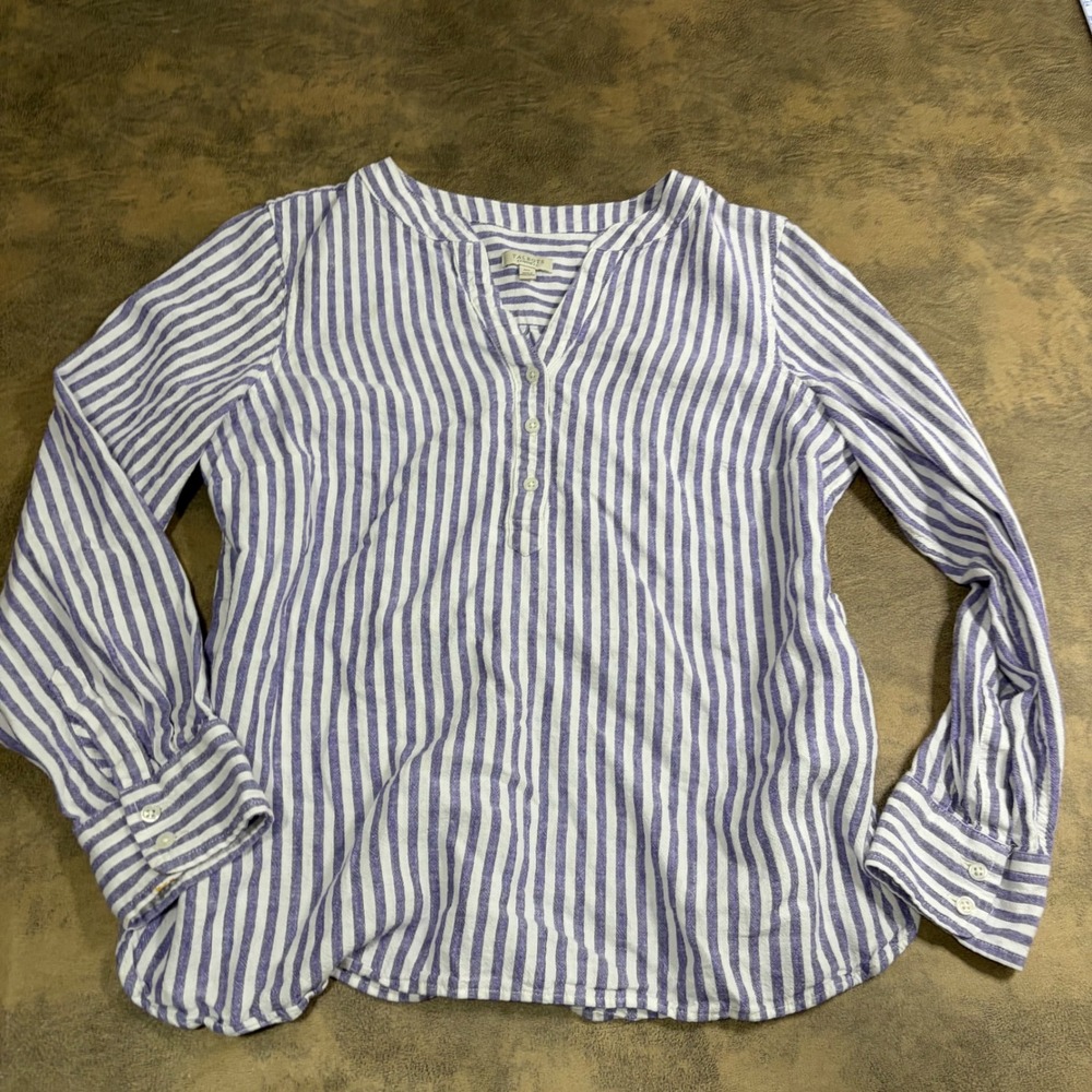 Talbots Blouse Women MP Blue White Striped Linen Blend Split Neck Tunic Top